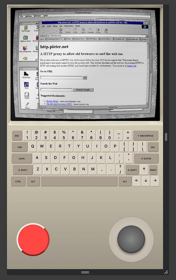 A mobile phone display showing a scene with CRT curve and scanlines effects.