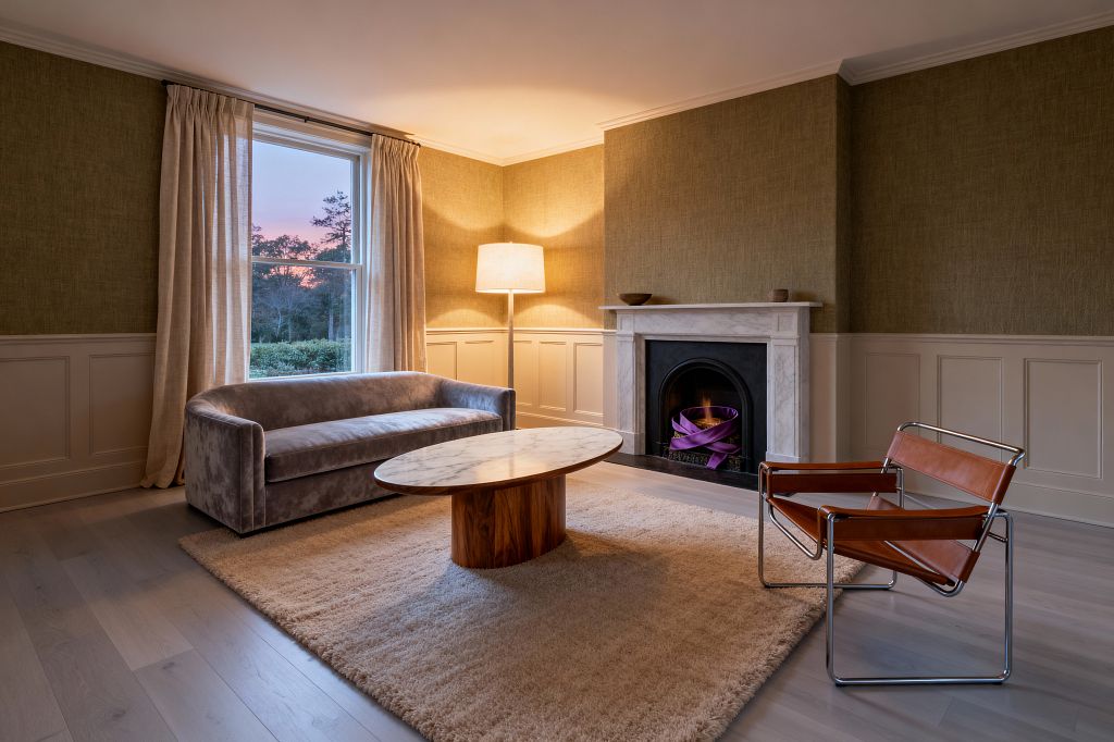 A transitional living room features olive grasscloth above greige wainscoting, a white marble fireplace with black firebox and a purple ribbon-like sculpture, and pale oak floors. Furnishings include a curved gray velvet sofa, a cognac leather sling chair with chrome frame, an oval marble-top coffee table on a wood pedestal, a plush beige rug, long linen curtains framing a large window at sunset, and a tall floor lamp casting warm ambient light.