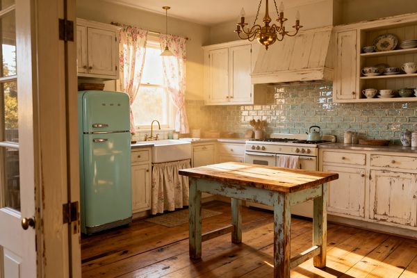 A sunlit shabby chic kitchen with distressed white cabinets, open shelves of mismatched china, and a fireclay farmhouse sink with a floral skirt. A mint retro refrigerator and cream vintage range sit against a seafoam crackle-glazed subway tile backsplash. Wide plank pine floors and a rustic, worn wood table anchor the room, while a brass chandelier and faucet add a soft antique glow.