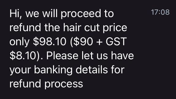 A message regarding a refund for a haircut.