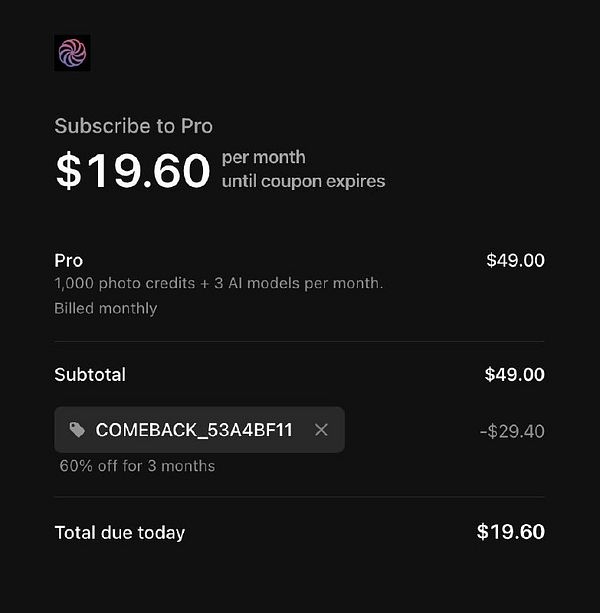 The image displays a subscription interface for a Pro plan with pricing details and a discount coupon.