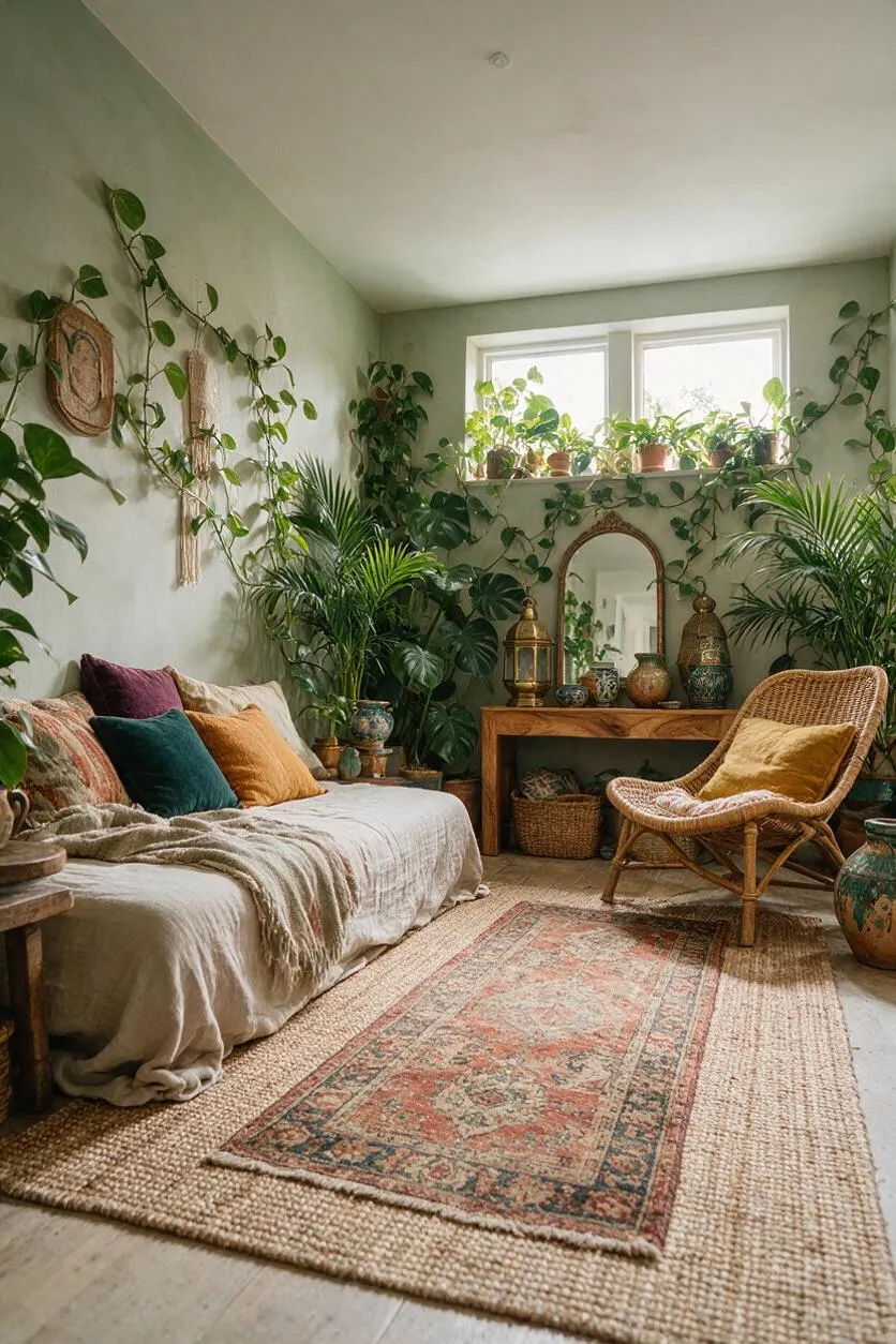 A cozy bohemian studio apartment filled with indoor plants, featuring a low upholstered sofa with colorful pillows, a woven lounge chair, and a natural fiber rug over a pale floor. A wooden console table with decorative lanterns and pottery sits beneath an arched mirror near a bright window lined with potted plants.