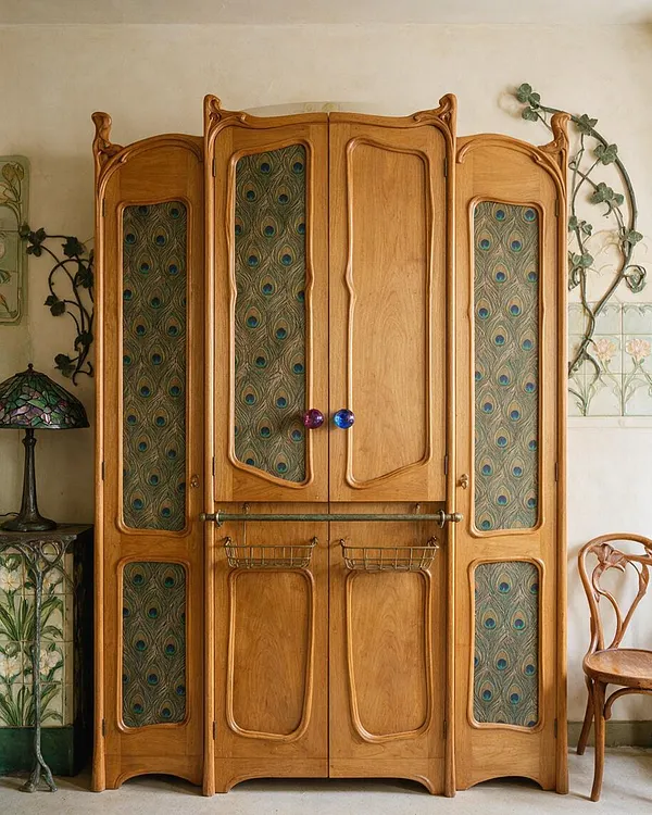 A tall Art Nouveau closet made of warm honey-toned wood stands against a light wall, featuring curved frames, carved crown details, and four patterned glass side panels with peacock-feather motifs. Decorative bead-like knobs in purple and blue, small wire baskets, and a brass hanging rod add functional charm, while vine wall accents and a bentwood chair reinforce the organic style.