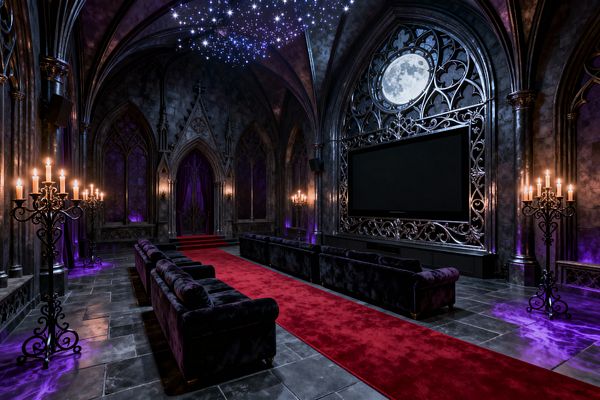 A grand, cathedral-inspired media room features ribbed vaults, pointed arches, and dark stone walls surrounding a large flat screen set within ornate wrought-iron tracery, topped by a luminous moon window. Rows of black velvet sofas line a red carpet aisle, while tall candelabras, purple uplighting, slate tile flooring, and a fiber‑optic star ceiling create a dramatic Gothic theater atmosphere.