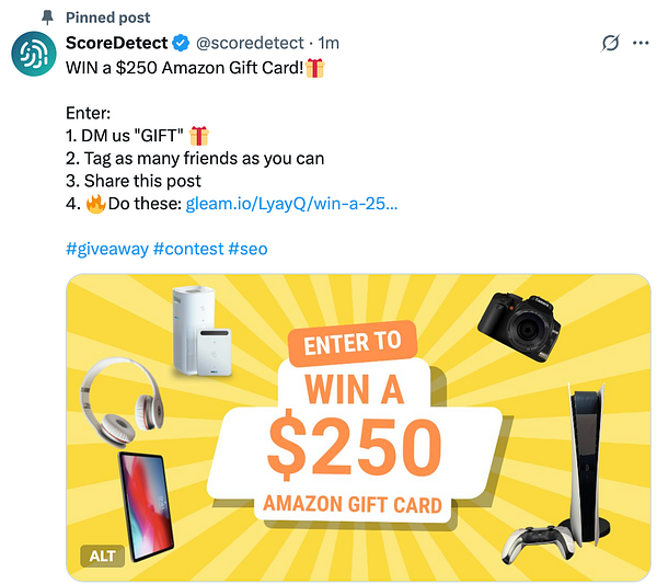 A promotional tweet for a giveaway featuring various electronic items and a $250 Amazon gift card.