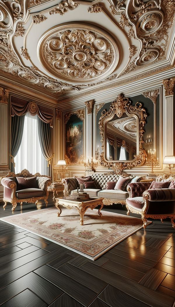 A lavish living room decorated in Baroque style, featuring velvet upholstered furniture, an ornate gilded mirror, and elaborate plaster ceiling details, emphasizing the style's characteristic opulence and grandeur.