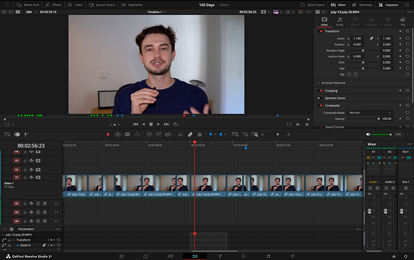 Video editing software interface showing a timeline with multiple video tracks and clips being edited.