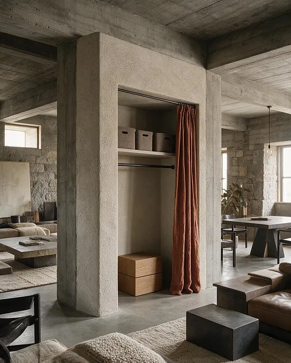 A minimalist closet niche is built into a rough plastered concrete wall, with an open hanging rod, woven storage baskets on a shelf, a rust-colored curtain, and two light wood drawers below. The space sits within a raw concrete interior with stone walls and soft neutral furnishings visible around it.