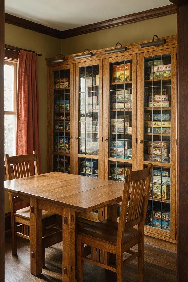 A Craftsman-style game room features a square wooden table with matching chairs in the foreground and a large built-in oak cabinet behind it. The cabinet has glass-front doors with grid muntins and is filled with board game boxes, while a window with rust-colored curtains brings in soft natural light.