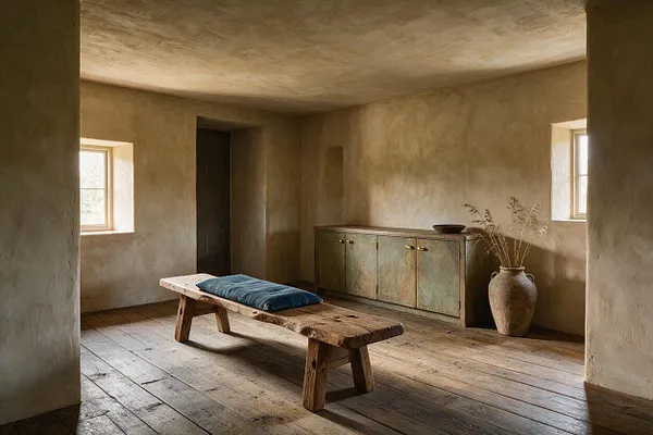 A serene entryway with plaster walls, a worn wooden floor, and a simple rustic bench topped with a blue cushion. A low cabinet with aged metal finishes sits against the wall beside a large ceramic vase with dried grasses, while small windows bring in soft natural light.