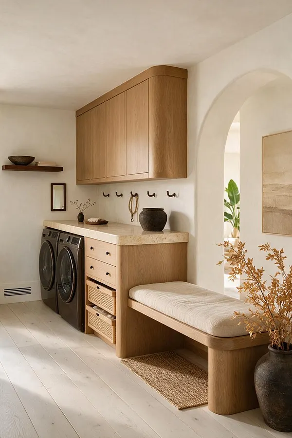 A serene laundry room with front-loading washer and dryer built into warm oak cabinetry beneath a light stone countertop. Open shelving, woven baskets, a cushioned bench, and neutral decor sit against soft white walls, with an arched doorway adding a sculptural touch.