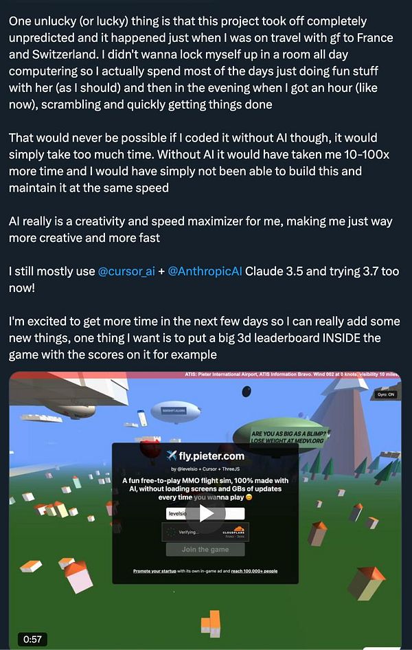 The image features a social media post discussing a project related to a flight simulation game, highlighting the use of AI in its development.