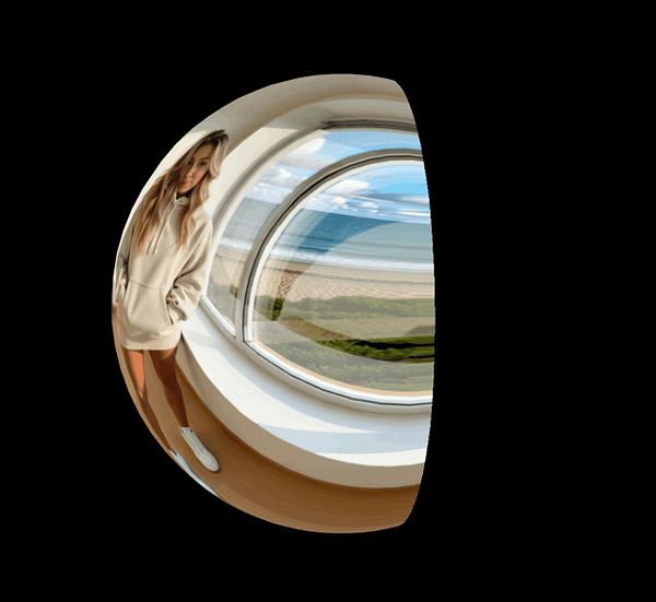 A distorted spherical image featuring a person standing by a window with a beach view.