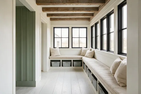 A bright farmhouse-style sunroom with white shiplap walls, black-framed windows, and exposed rustic wood ceiling beams. Built-in beige bench seating lines the windows and holds gray storage baskets underneath, creating a cozy, functional nook.