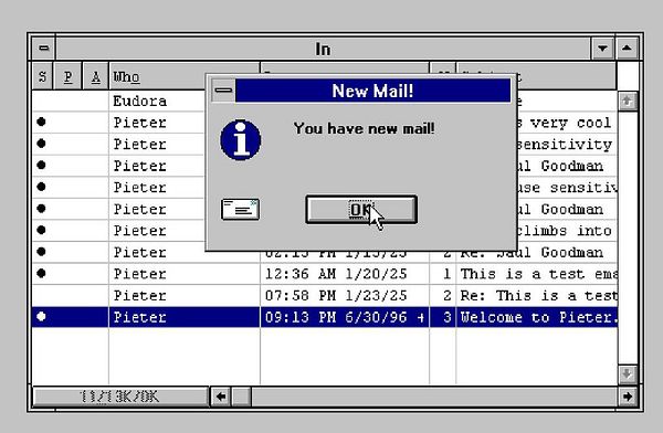 A vintage email client interface displaying a new mail notification.