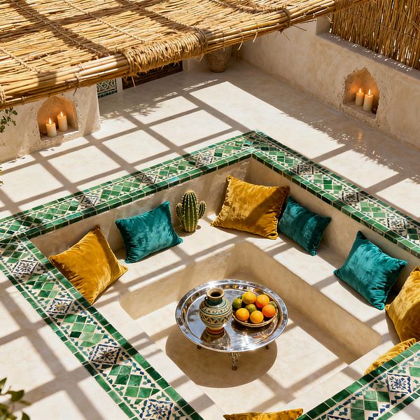 A Moroccan-style patio with a sunken seating pit finished in cream tadelakt plaster and edged with emerald green geometric zellige tiles. A woven reed pergola overhead casts a grid of shadows across the space, and arched wall niches hold lit candles. Jewel-toned velvet cushions in teal and mustard line the built-in benches. In the center sits a round silver tea tray with a painted ceramic vessel and a bowl of citrus; a small cactus accents the corner.