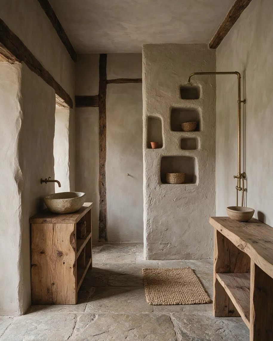 A serene master bathroom in Wabi-Sabi style with textured plaster walls, exposed wood beams, and stone flooring. Rustic wooden vanities with stone basin sinks and brass wall-mounted faucets frame the space, while built-in wall niches hold woven baskets and small pottery accents.
