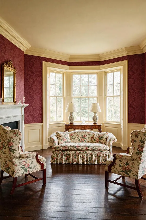 A traditional sunroom with burgundy patterned wallpaper, cream trim, and a curved bay window filled with soft daylight. Floral armchairs and a matching settee sit on dark wood floors, with a marble fireplace and gilded mirror adding classic elegance.