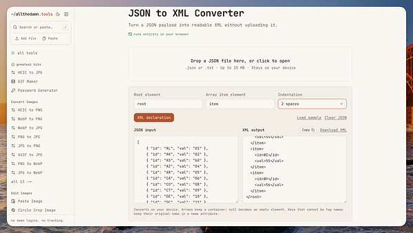 A web-based JSON to XML Converter tool interface with JSON input on the left and XML output on the right.