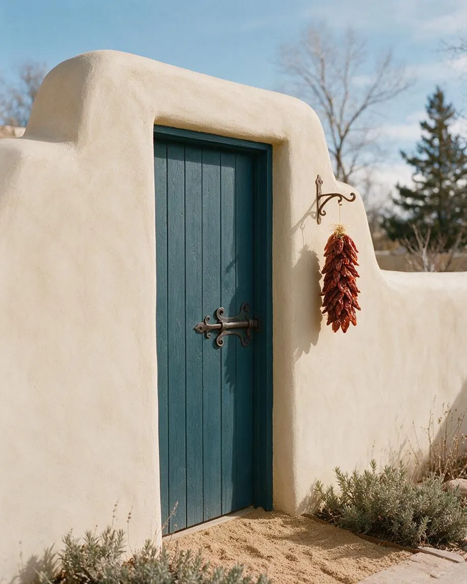 A Southwestern exterior entry with smooth cream adobe-style stucco walls and a tall teal-blue wooden door framed by a rounded opening. An ornate wrought-iron hook holds a hanging red chili ristra, with sandy ground and sparse desert plants below.