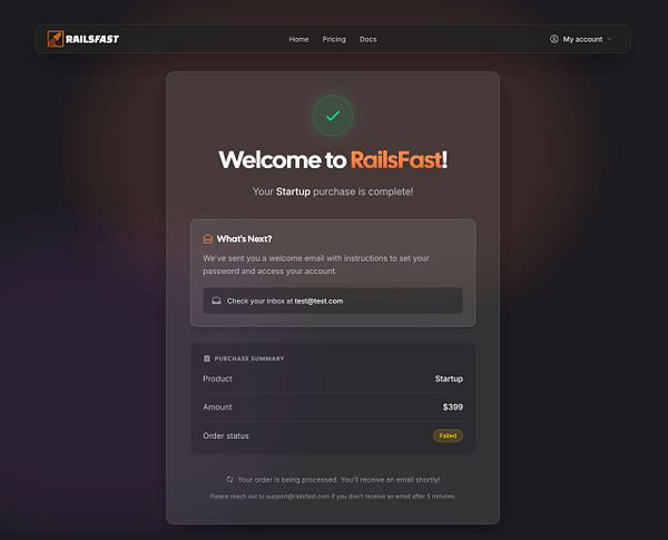 A clean and simple 'Thank You!' after purchase success page with a checkmark graphic and confirmation message.