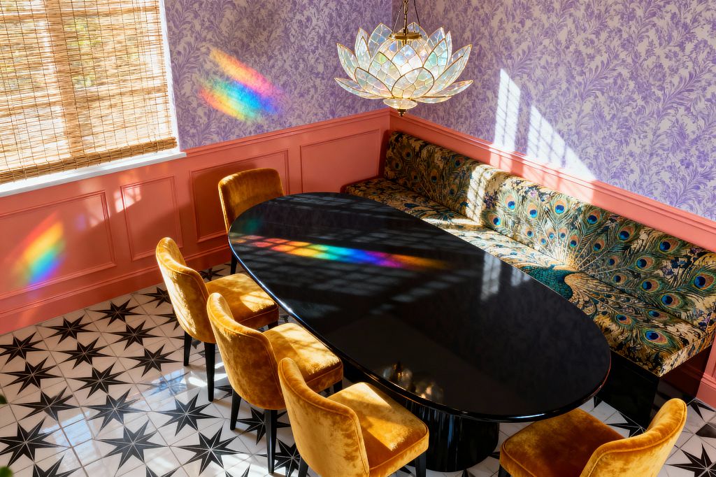 A maximalist dining room with a glossy black oval table surrounded by mustard velvet chairs and a long corner banquette upholstered in peacock-feather fabric. Lilac botanical wallpaper sits above coral-pink wainscoting, with black-and-white star tiles underfoot; woven bamboo shades filter sunlight that refracts from an iridescent lotus-shaped stained-glass chandelier, casting rainbow streaks across the wall and tabletop.