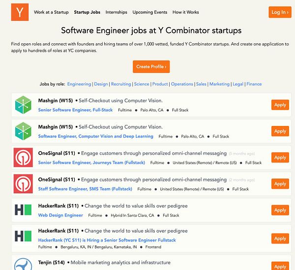 The image displays a job listing page for software engineering positions at Y Combinator startups.