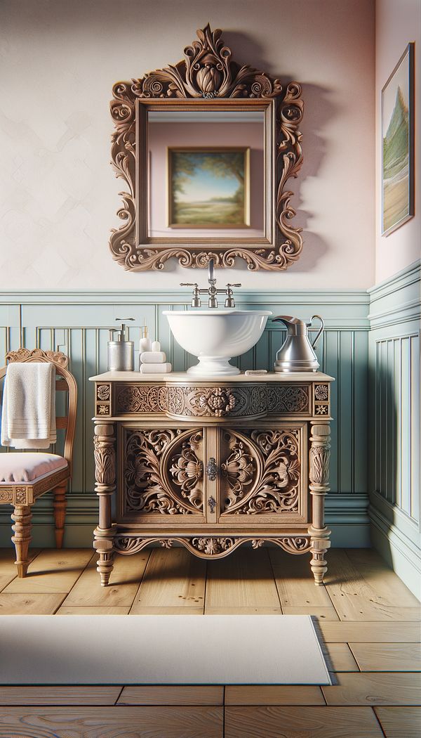 An elegant, vintage wood wash stand with intricate carvings, holding a white porcelain basin, a silver pitcher, and toiletries, placed in a well-lit bathroom with pastel walls.