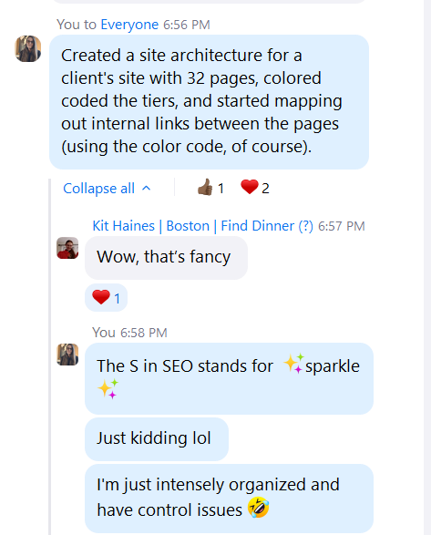 A conversation about creating a detailed SEO site architecture for a client.
