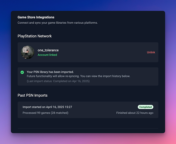 The image displays a user interface for linking a PlayStation Network account and viewing import status.