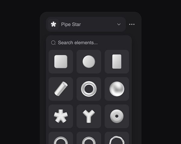 The image displays a search component interface for an editor with various geometric elements.