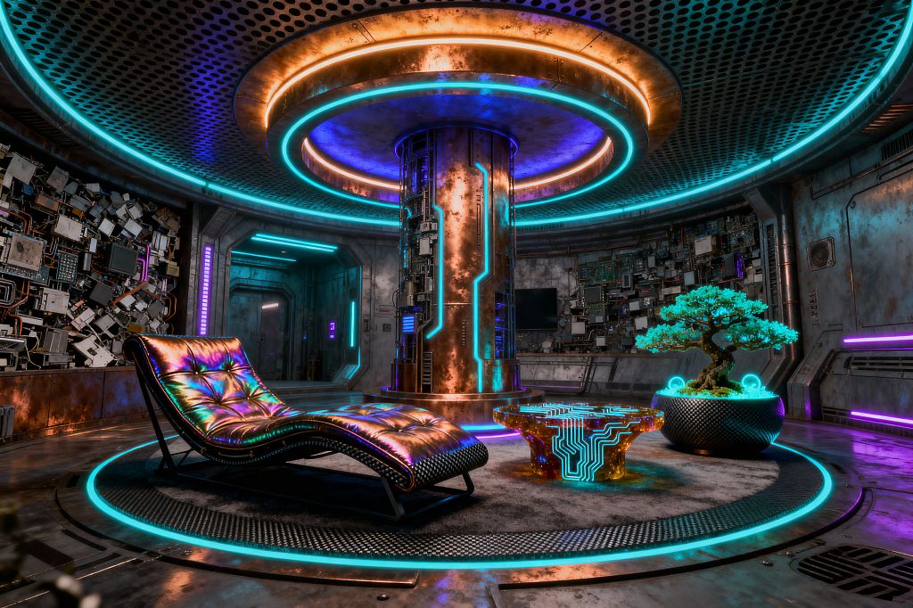 A cyberpunk living room centers on a weathered copper column under a perforated metal ceiling, both ringed by neon cyan and amber light. A black-framed chaise with iridescent tufted upholstery sits on a circular rubber mat beside a translucent amber resin table etched with glowing circuit traces, while a luminous teal bonsai in a textured black planter fronts walls clad in brushed steel and embedded circuit boards, with a lit industrial corridor beyond.