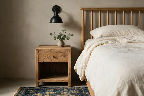 A farmhouse-style bedroom vignette with a wooden spindle bed dressed in cream bedding beside a rustic oak nightstand. A matte black wall sconce and a small vase of eucalyptus add contrast against the soft neutral wall, with a patterned rug visible at the bottom.
