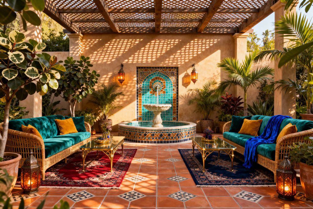 A covered patio features a wooden pergola casting lattice shadows over terracotta tiles. Centered on the back wall is a Moroccan-style niche fountain with turquoise and cobalt mosaic surrounding a round stone basin. Two rattan sofas with emerald velvet cushions and mustard pillows face each other across brass-and-glass coffee tables set on red and navy rugs. Warm stucco walls hold hanging lantern sconces, while floor lanterns glow among potted palms and broadleaf plants.
