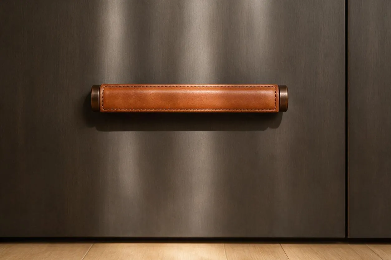 A close-up of a modern cabinet front in dark brushed metal with a centered horizontal leather pull. The pull is tan brown leather with stitched edges and brass or bronze end caps, set above a light wood floor.