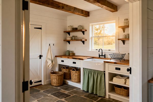 A rustic laundry room features white shiplap walls and exposed wood ceiling beams over an L-shaped counter of white cabinetry topped with butcher-block. A fireclay farmhouse sink with a black faucet sits under a window, with open wood shelves holding dishes and jars. The slate flagstone floor, rattan baskets, towel hooks, and a white barn door complete the cozy, functional space, with a sage-green skirt concealing storage beneath the sink.