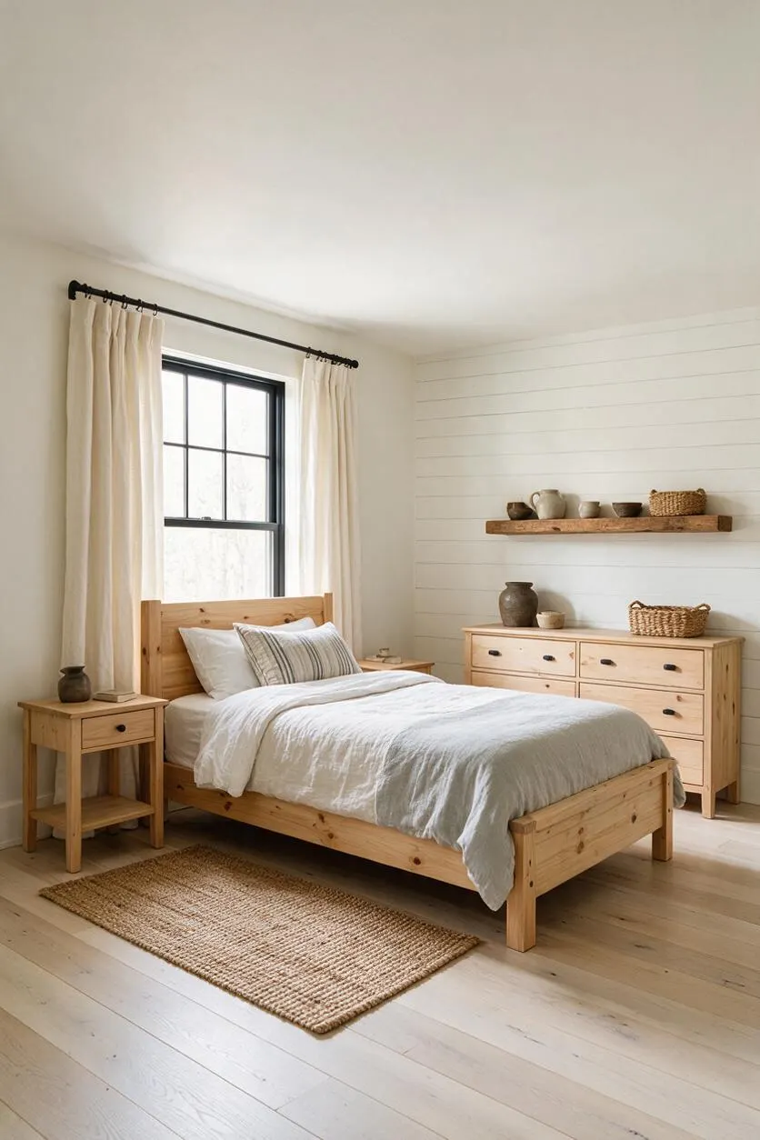 A serene farmhouse guest bedroom with a light wood bed, white bedding, and a striped accent pillow. Cream curtains frame a black-trimmed window, while a shiplap accent wall holds simple wood shelves and a matching dresser with woven baskets and pottery.