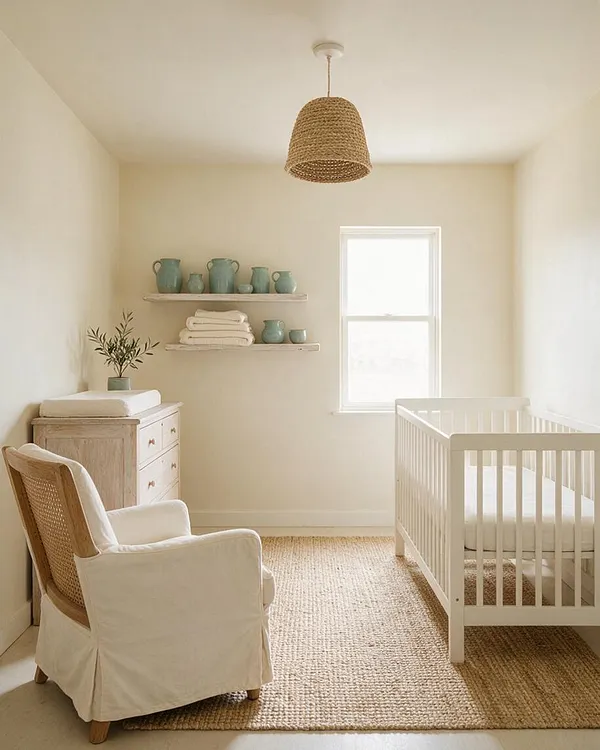 A calm coastal nursery with a white crib beside a bright window, a cream slipcovered rocking chair, and a light wood dresser topped with a changing pad and small plant. Floating shelves hold folded linens and blue-green ceramic pitchers, while a woven jute rug and rattan pendant lamp add natural texture.