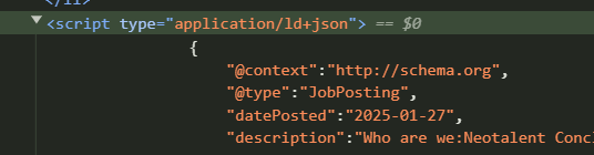 A code snippet displaying JSON-LD structured data for a job posting.