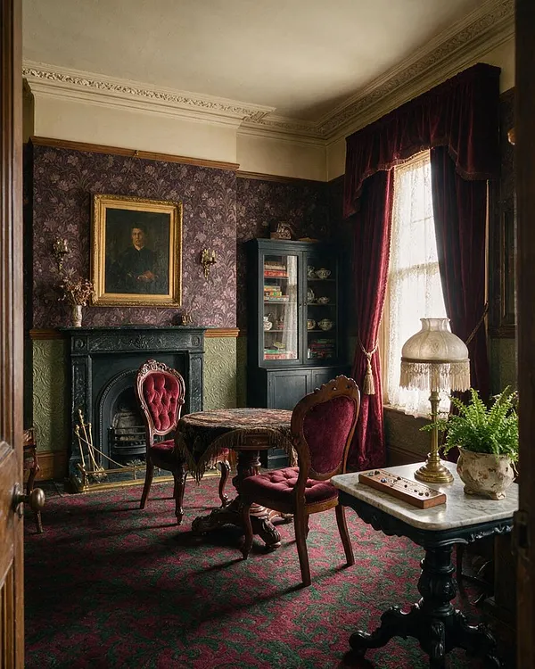A Victorian-style game room with dark floral wallpaper, a carved fireplace, and burgundy velvet chairs around a small round table. Heavy drapes frame a bright window, while a marble-topped side table, brass lamp, and antique decor add to the ornate, moody atmosphere.