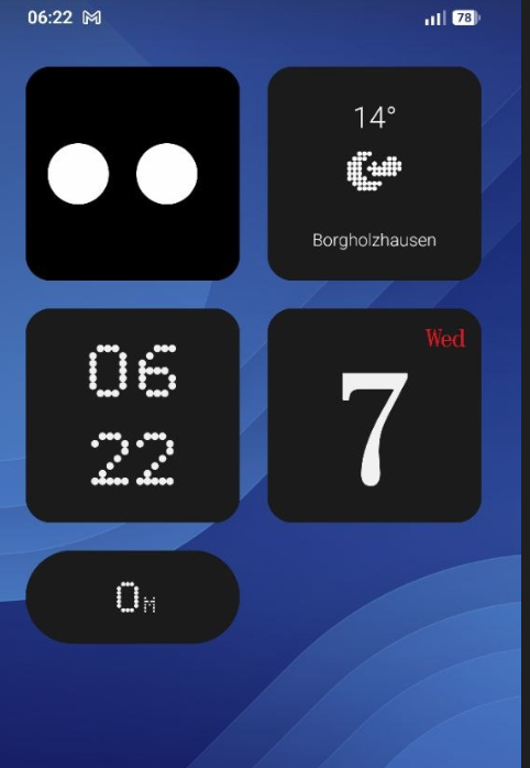 Smartphone home screen with widgets showing time, date, temperature, and activity info at 6:22 AM.