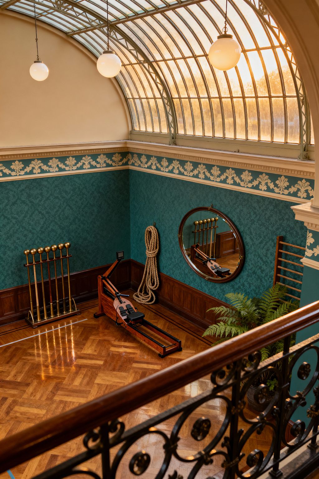 View from a mezzanine into a Victorian-style home gym with a barrel-vaulted glass ceiling and two opal globe pendants. Teal damask walls with a cream acanthus border sit above dark wood wainscoting and a glossy herringbone floor; a wood water rower rests by the wall next to a brass Indian-club rack, coiled natural-fiber rope, wooden wall bars, a round brass-framed mirror, a potted fern, and a black wrought-iron railing in the foreground.