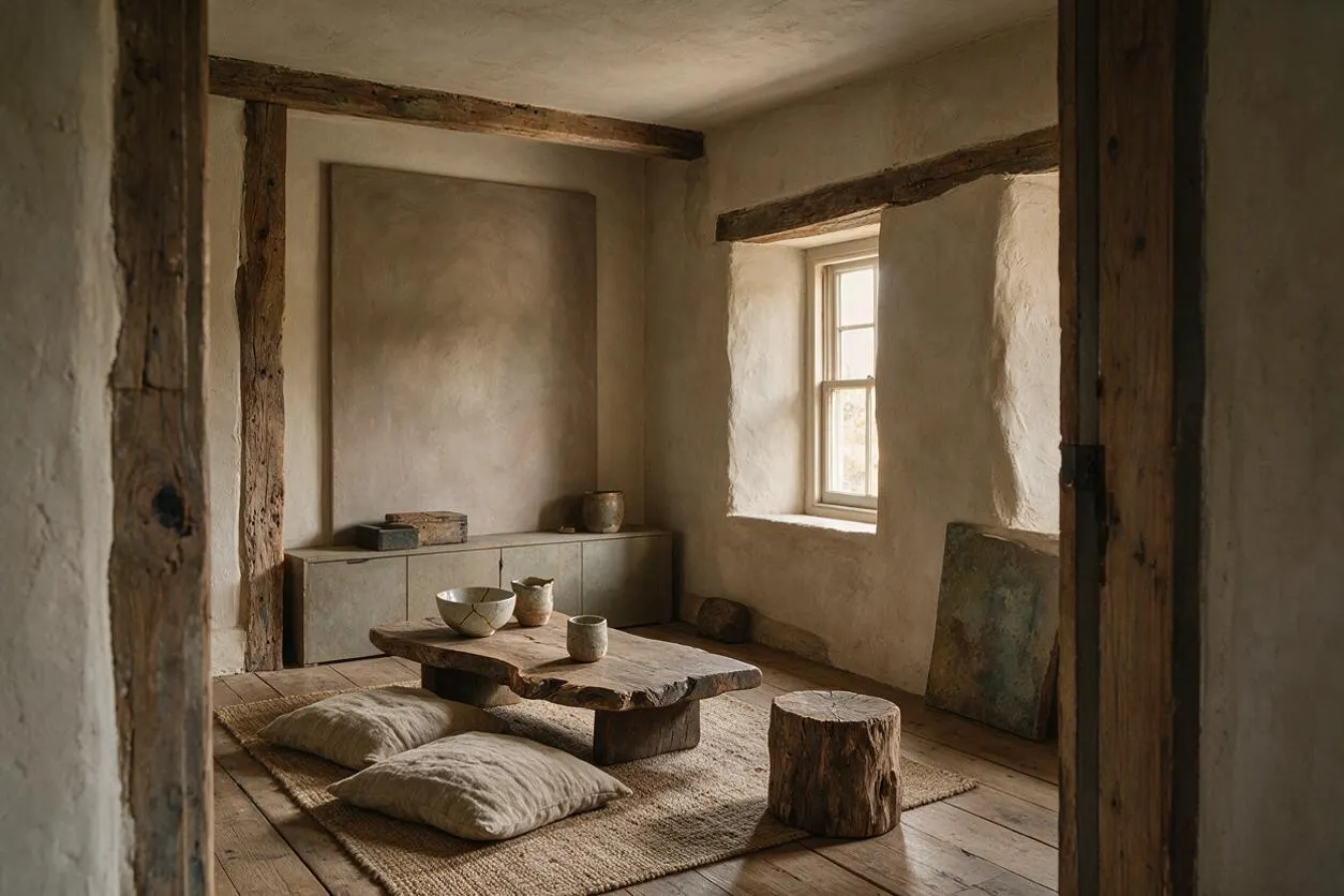 A serene game room with rough plaster walls, exposed timber beams, and a low organic wooden table on woven rugs. Floor cushions, ceramic bowls, a stump stool, and muted neutral tones create a calm, tactile Wabi-Sabi atmosphere.