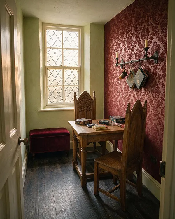 A narrow game room with Gothic-inspired details, including a small wooden table and carved high-back chairs, a deep red damask accent wall, and a leaded diamond-pane window that brings in soft natural light. A burgundy velvet bench and dark wood flooring add richness to the cozy, old-world atmosphere.