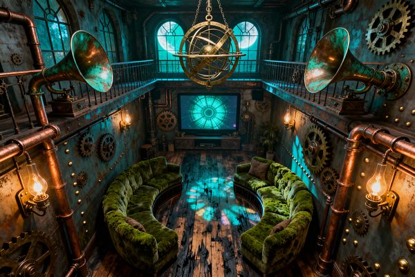 A double-height media room showcases oxidized metal walls studded with gears and rivets, exposed copper pipes, and vintage Edison-bulb sconces, with giant gramophone horns and an iron-railed mezzanine above. Two semicircular green velvet sofas face a large flat-screen TV on a dark wood console as a brass armillary chandelier and teal light from arched windows wash distressed plank floors.