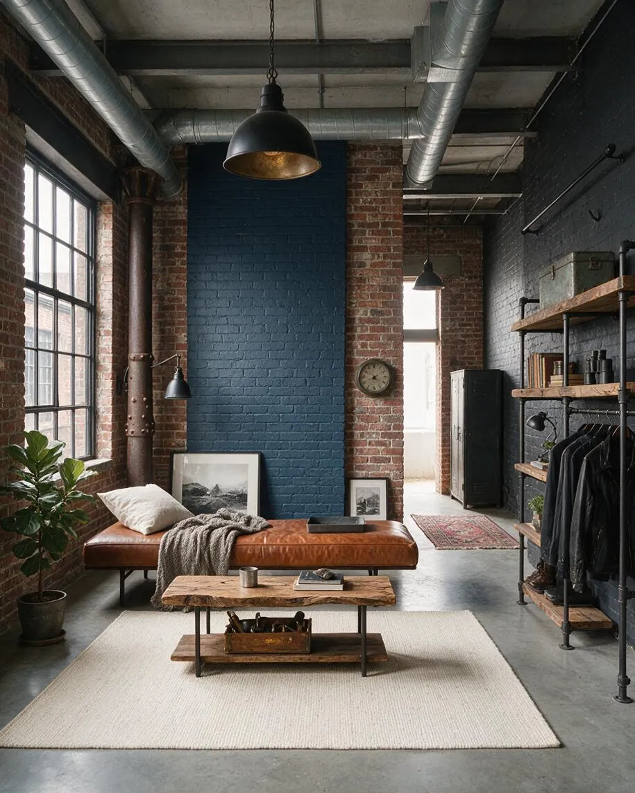 A moody industrial basement living space with exposed brick walls, black-painted brick, and a deep blue accent wall. Large factory-style windows, metal ductwork, a leather daybed, rustic wood furniture, and open pipe shelving create a loft-like atmosphere.