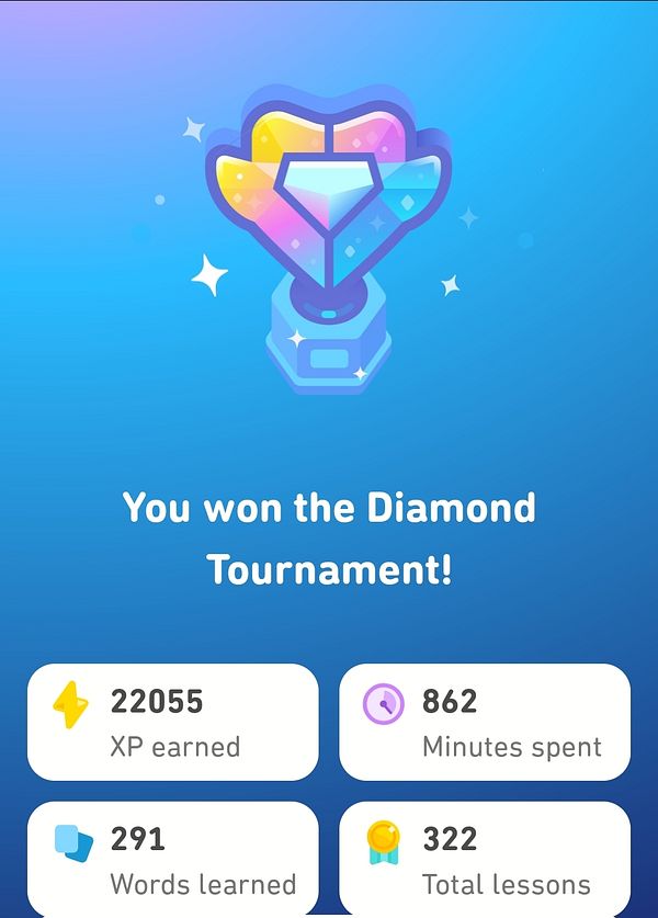 A digital trophy and achievement summary for winning a diamond tournament in a language learning app.