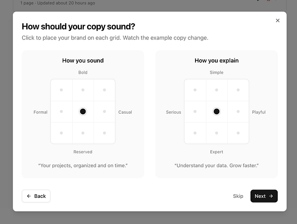 Mobile app interface displaying a "New Tone of Voice" selection screen with a list of selectable tones and a header.