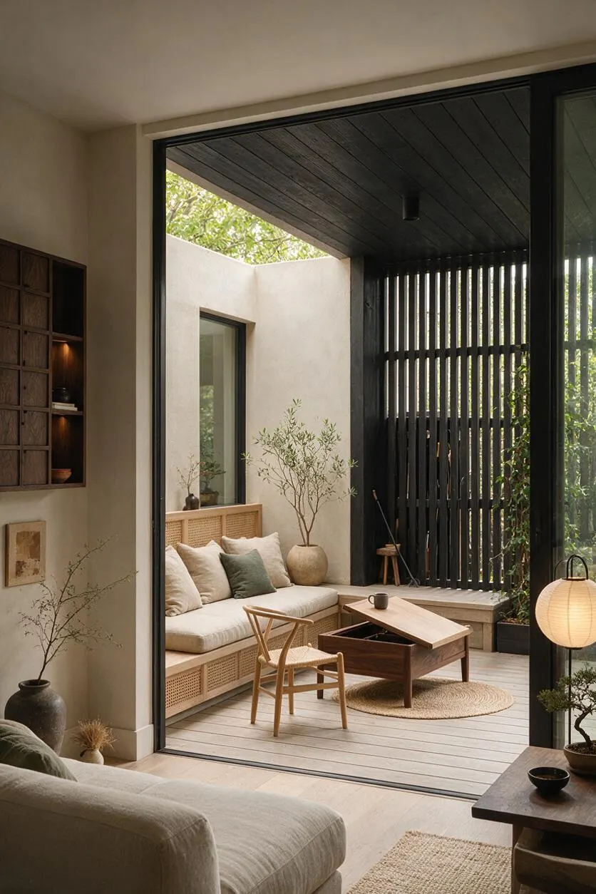 A calm Japandi-style backyard courtyard seen through large sliding glass doors, featuring a built-in cushioned bench with woven wood detailing, a low wooden tea table, a simple wooden chair, and pale decking. Black vertical slat screening, cream stucco walls, potted olive-like trees, and a glowing paper lantern create a warm, minimalist outdoor retreat.
