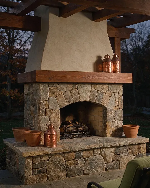 An outdoor Craftsman-style fireplace built from rough-cut stone with an arched firebox, a thick wooden mantel, and a stucco chimney above. Copper lanterns and terracotta pots sit on the hearth and ledge, with exposed timber beams overhead and a patio surface below.